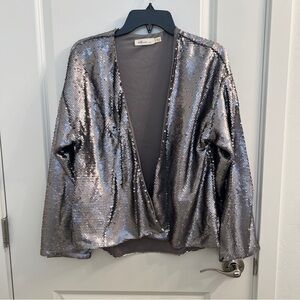 Millibon Metallic Silver Sequin Open Front Cardigan Jacket